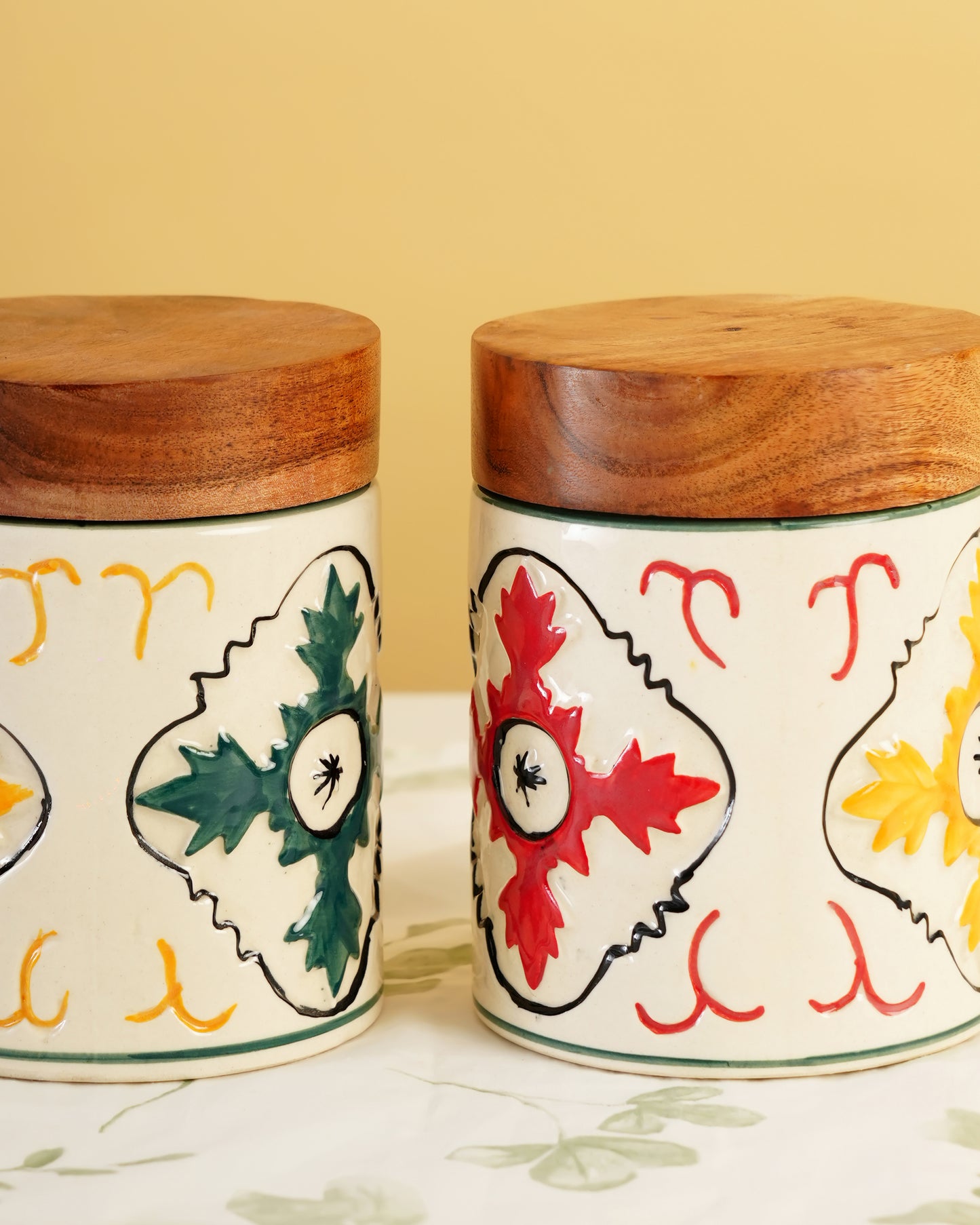 Hand-Painted Ceramic Storage Jar with Wooden Lid - RVJAR26