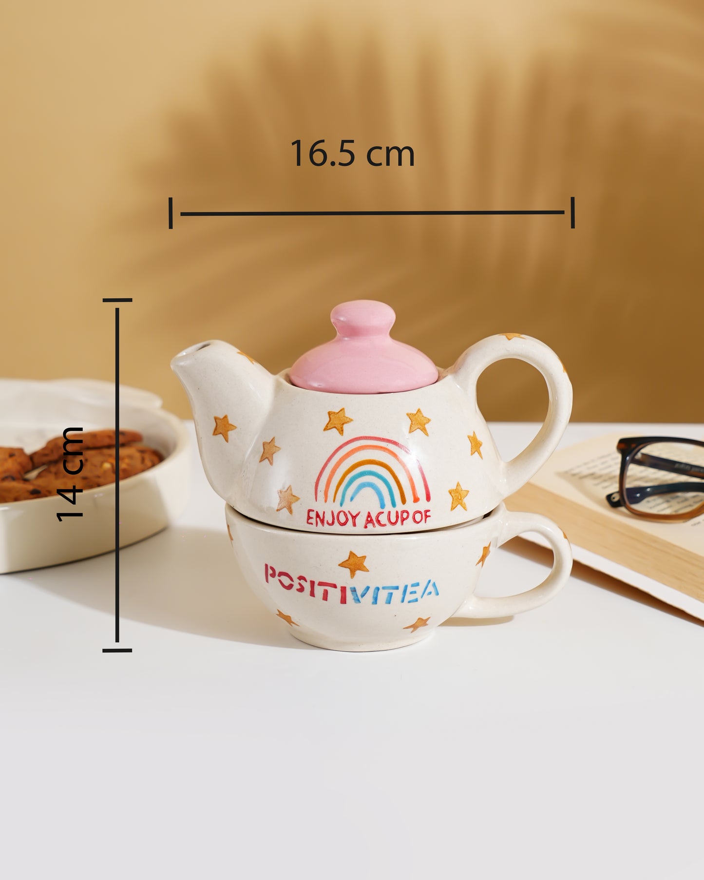 Rainbow Positivity Ceramic Tea Set – Teapot with Cup (2-in-1 Stackable Design) - RVKTL41