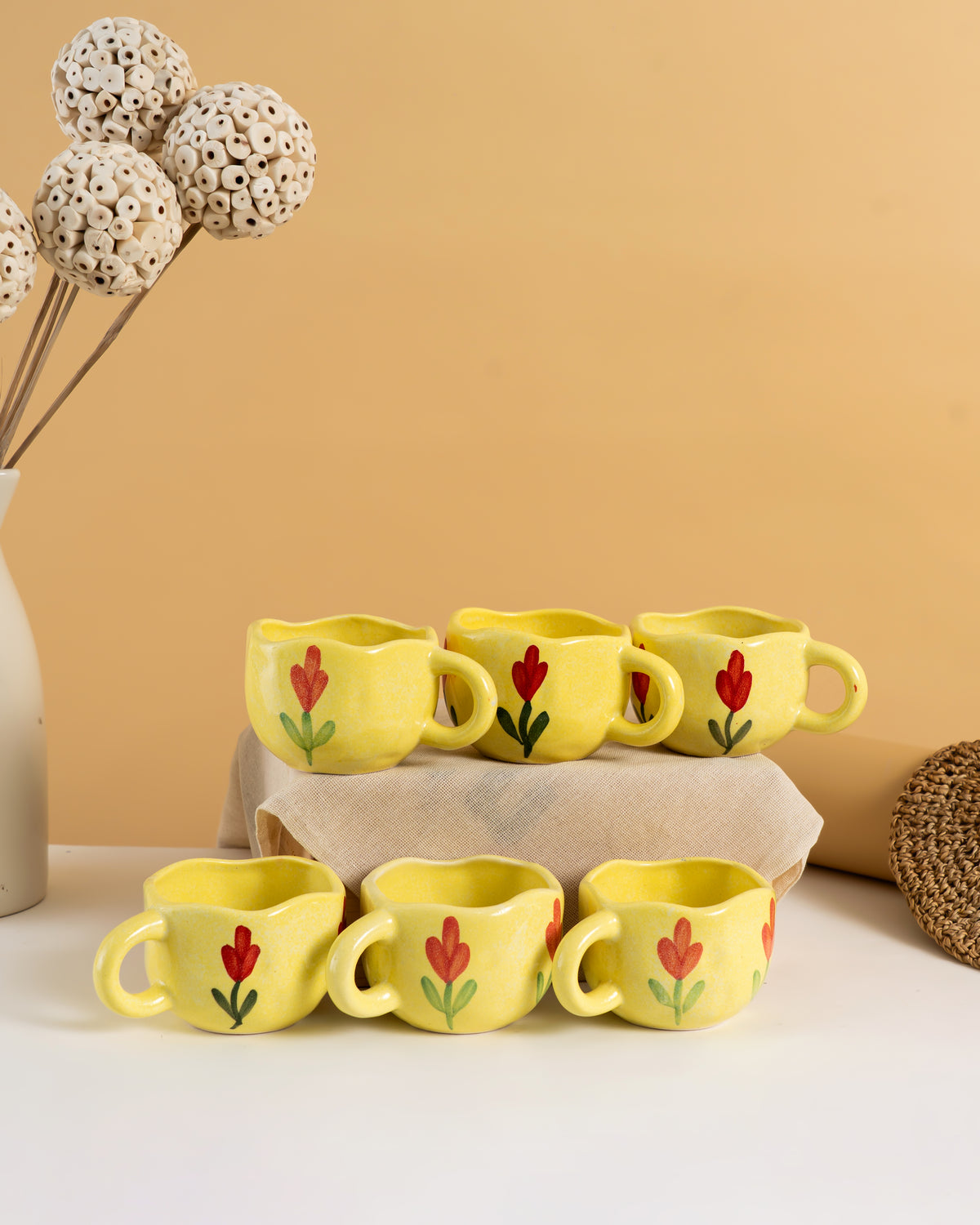 Hand-Painted Yellow Floral Espresso Cups (Set of 6) - RVCUP11