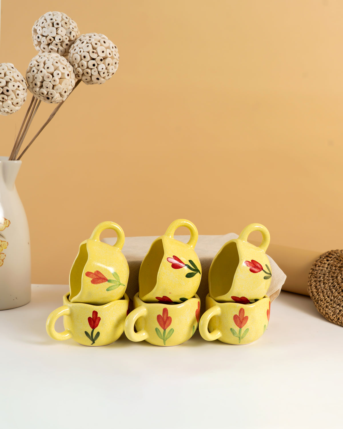 Hand-Painted Yellow Floral Espresso Cups (Set of 6) - RVCUP11