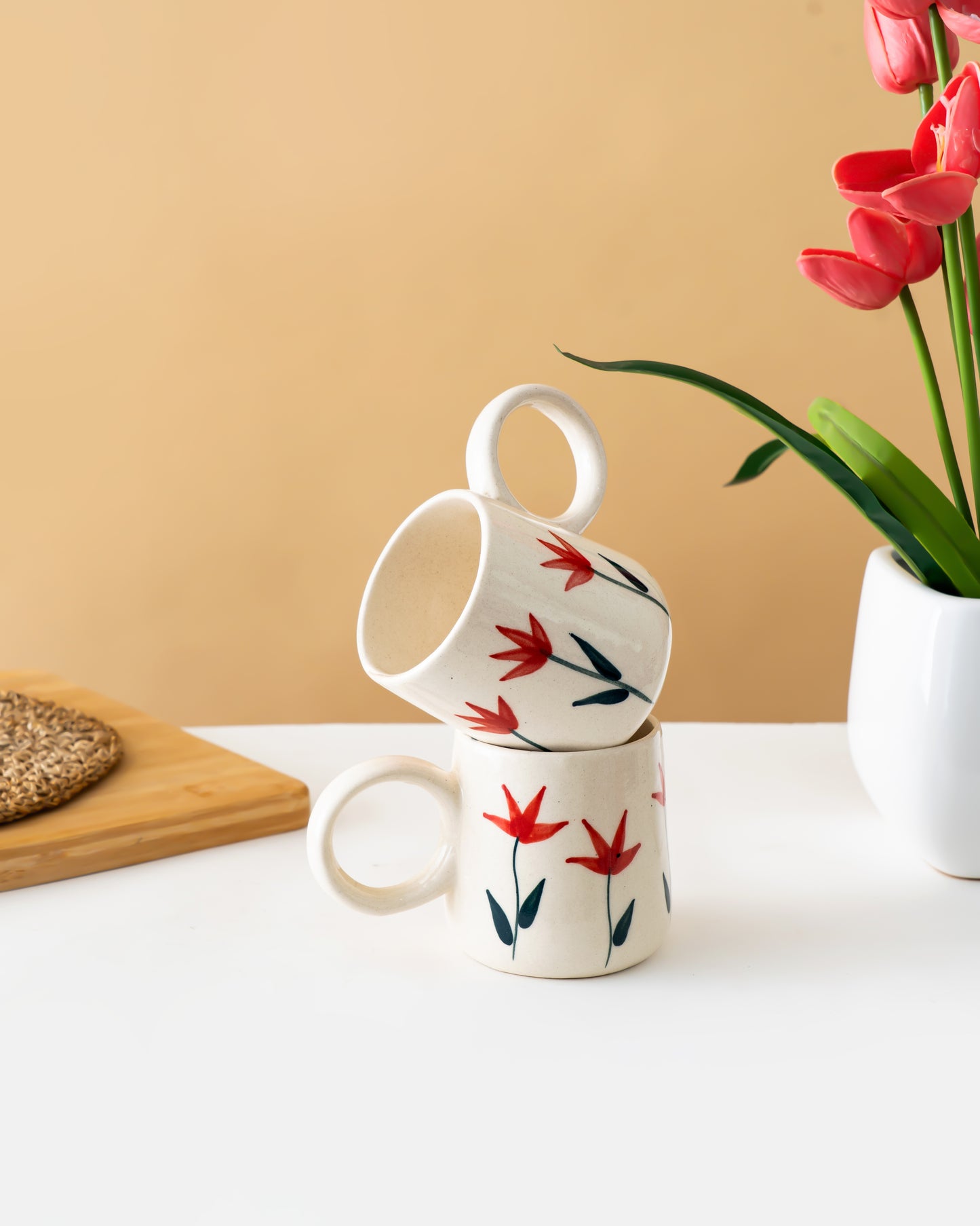 Red Bloom Ceramic Mugs Set of 2 - RVMUG34