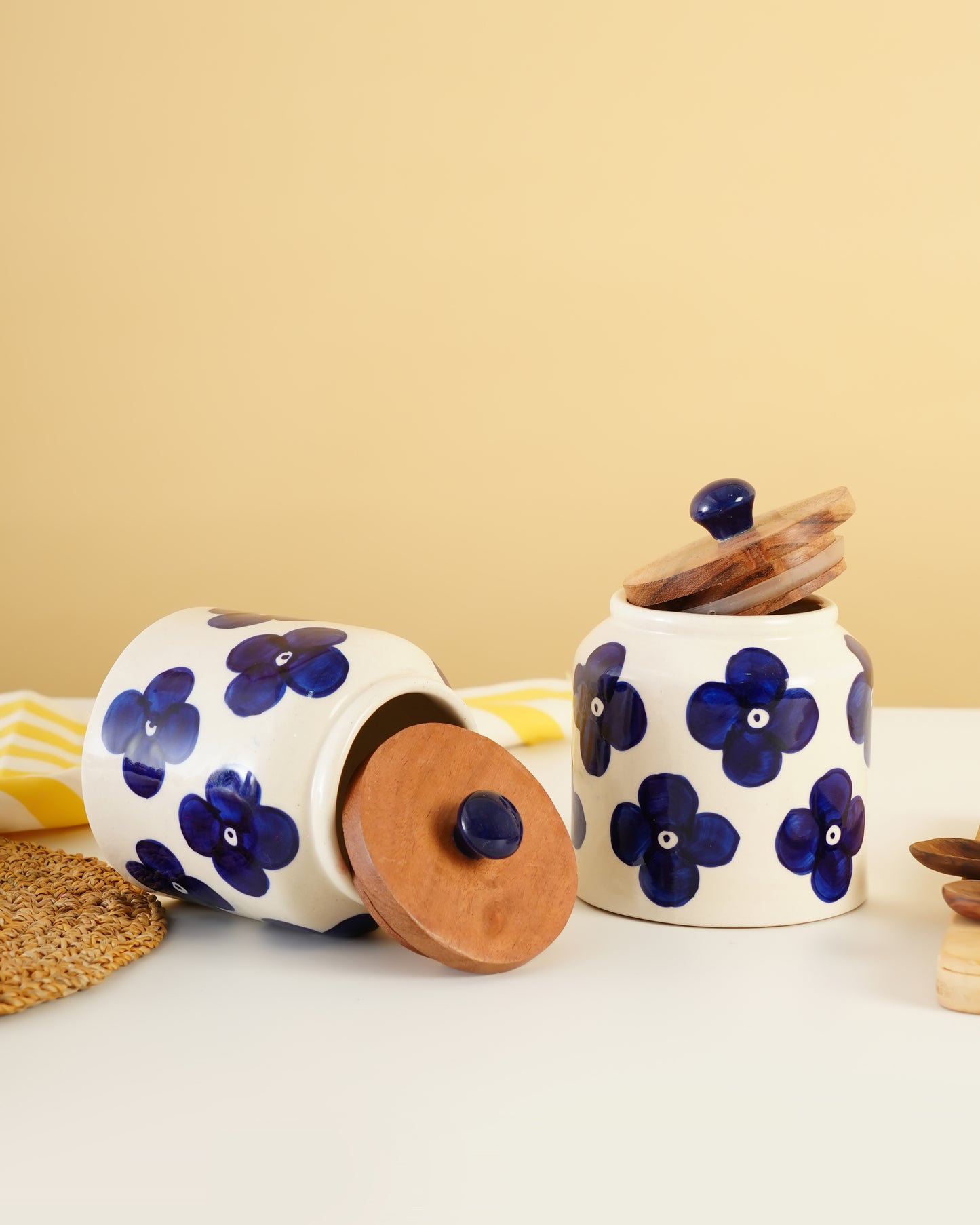 Hand-Painted Ceramic Storage Jar with Wooden Lid (Single Jar) - RVJAR25
