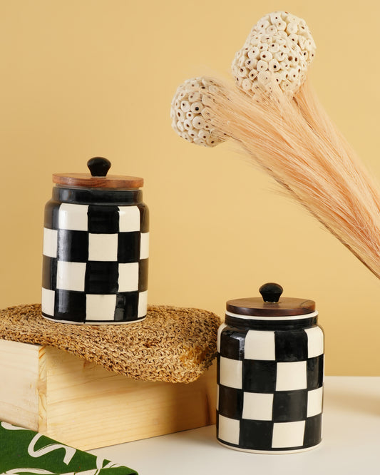 Hand-Painted Ceramic Storage Jar – Black & White Checkered - RVJAR22