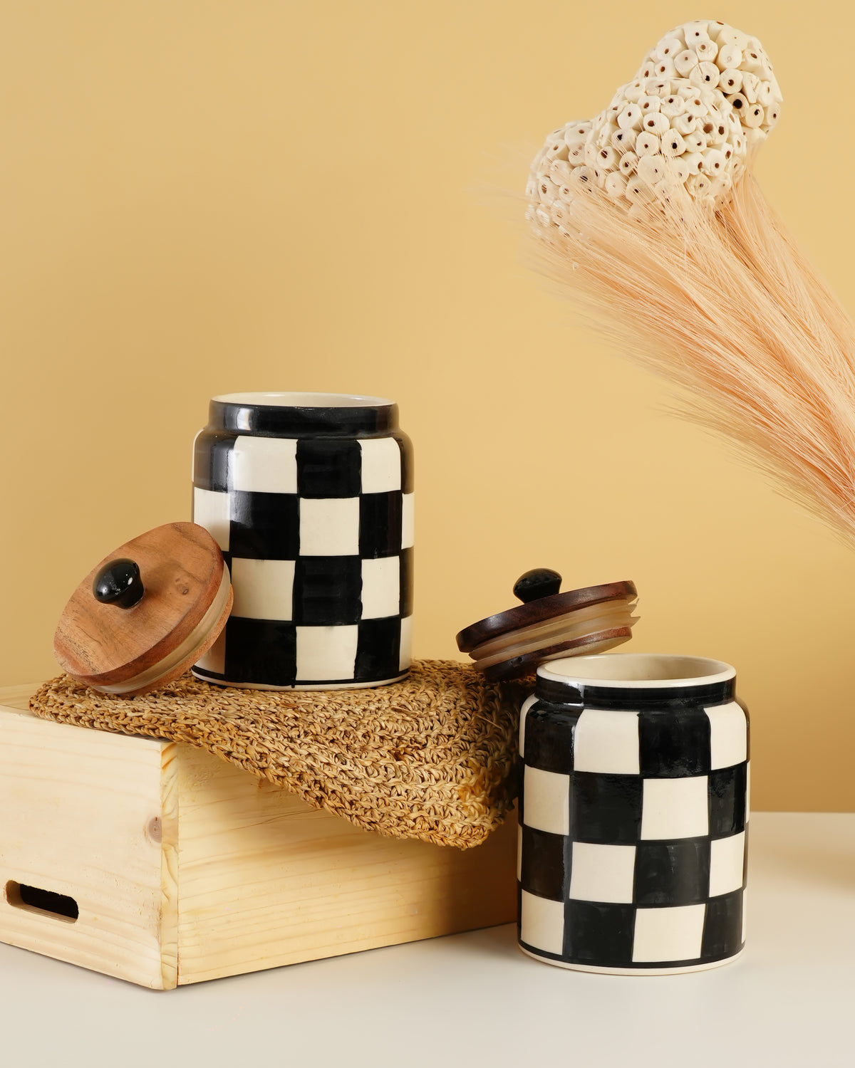 Hand-Painted Ceramic Storage Jar – Black & White Checkered - RVJAR22