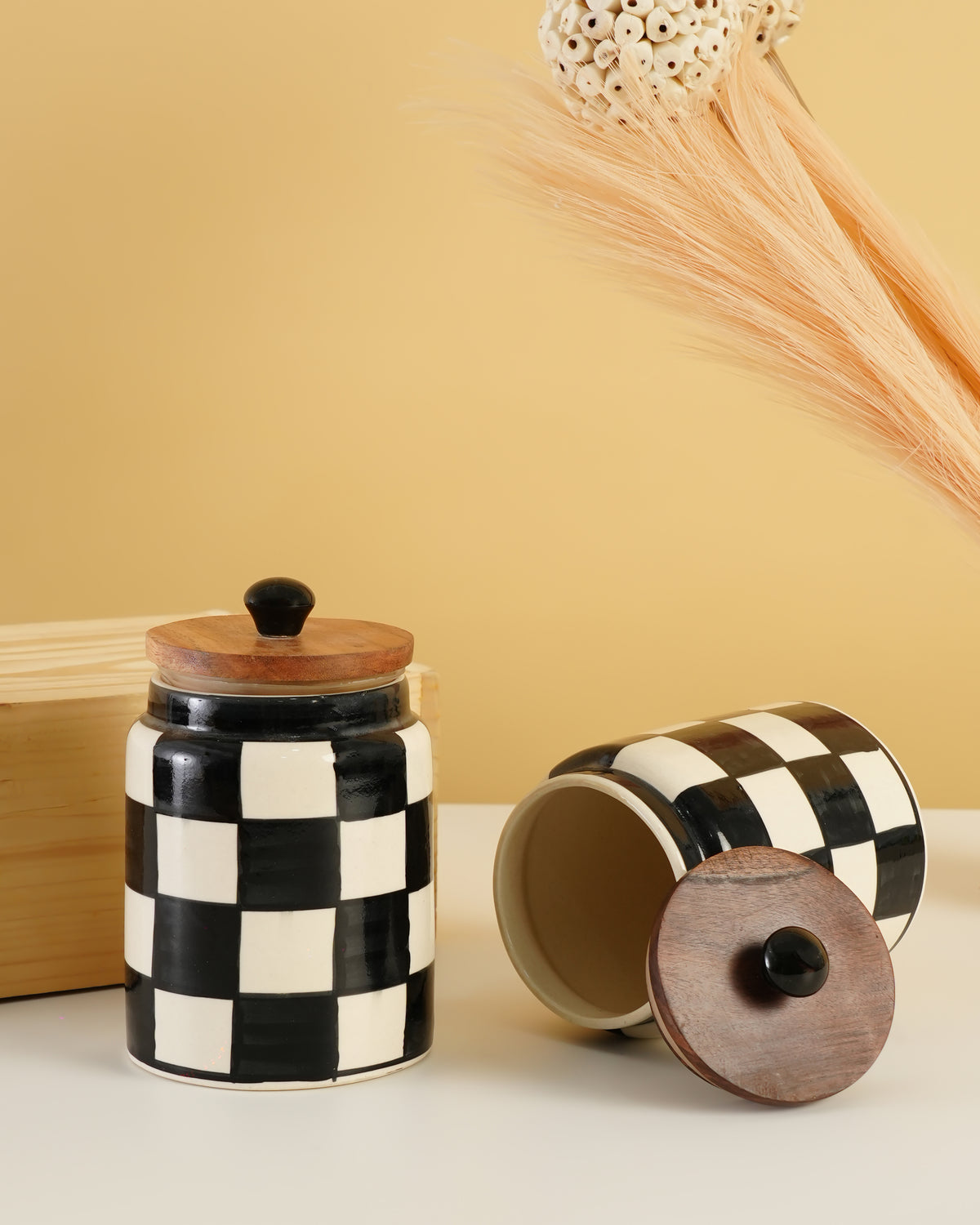 Hand-Painted Ceramic Storage Jar – Black & White Checkered - RVJAR22