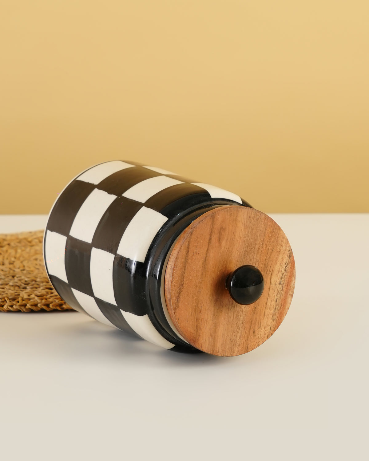 Hand-Painted Ceramic Storage Jar – Black & White Checkered - RVJAR22