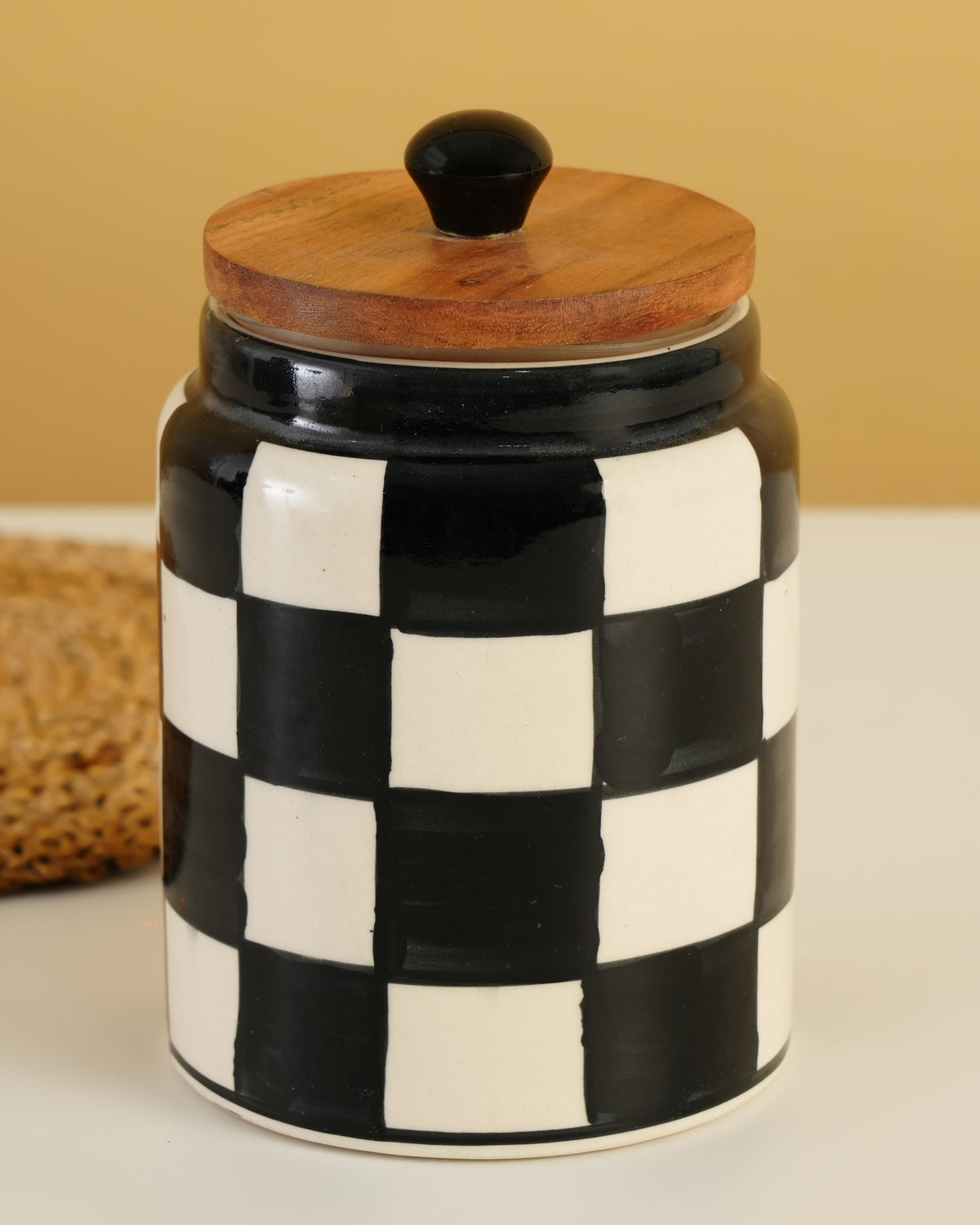 Hand-Painted Ceramic Storage Jar – Black & White Checkered - RVJAR22