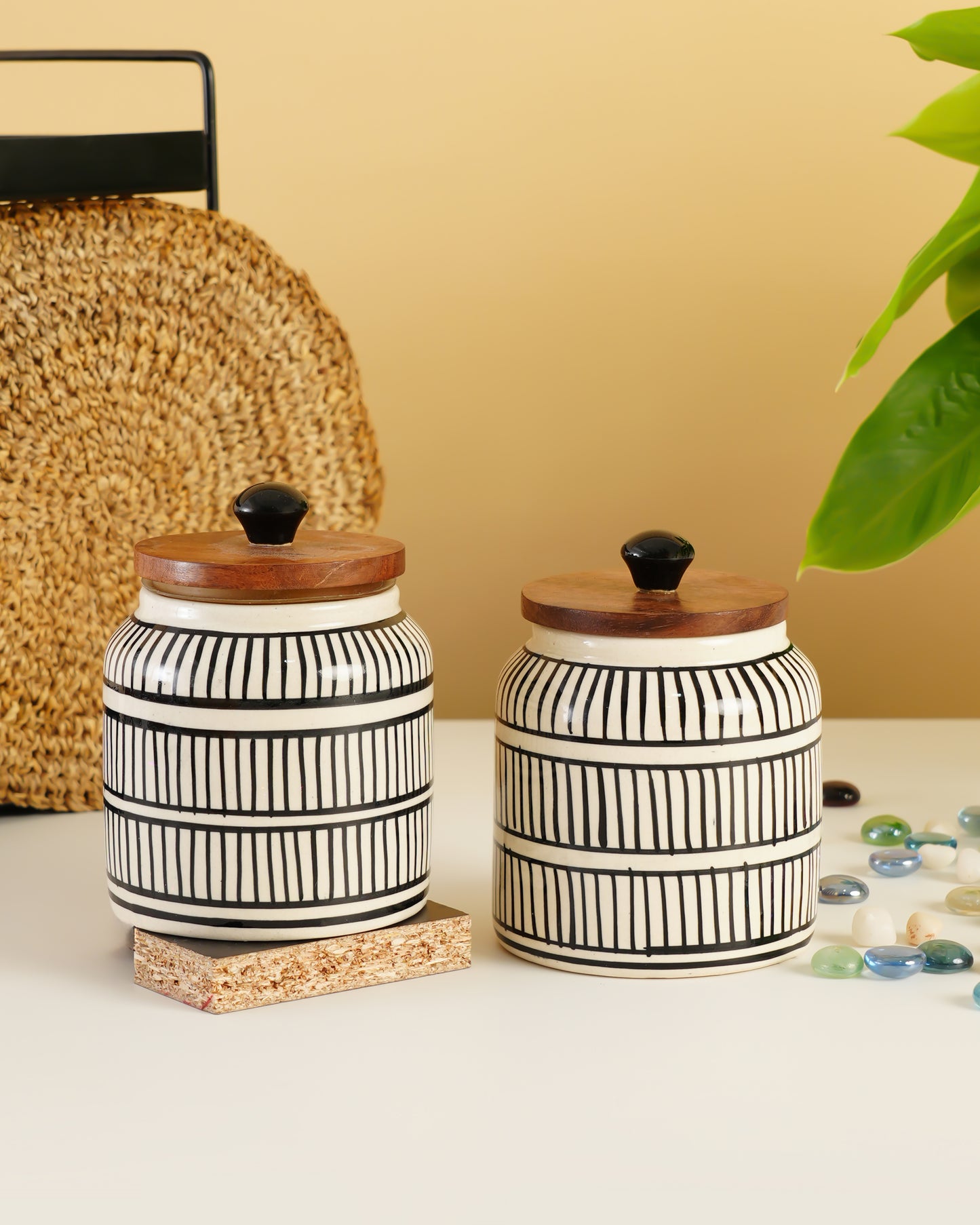Hand-Painted Ceramic Storage Jar – Black Linear Design - RVJAR21