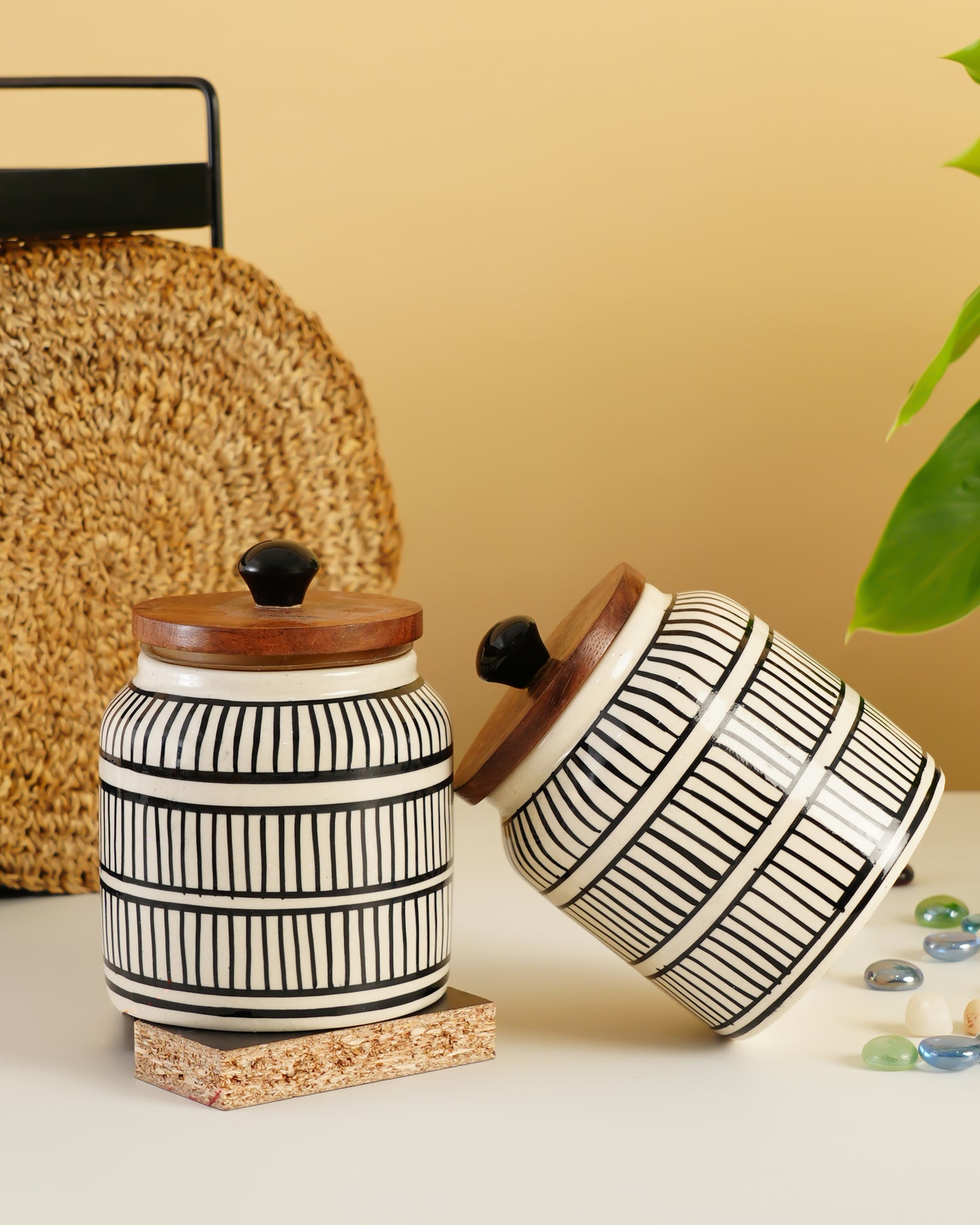 Hand-Painted Ceramic Storage Jar – Black Linear Design - RVJAR21