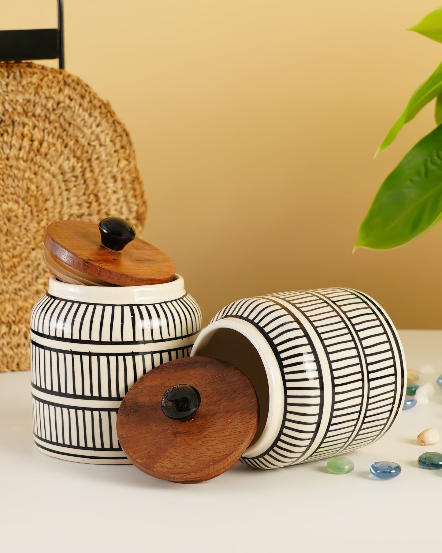 Hand-Painted Ceramic Storage Jar – Black Linear Design - RVJAR21