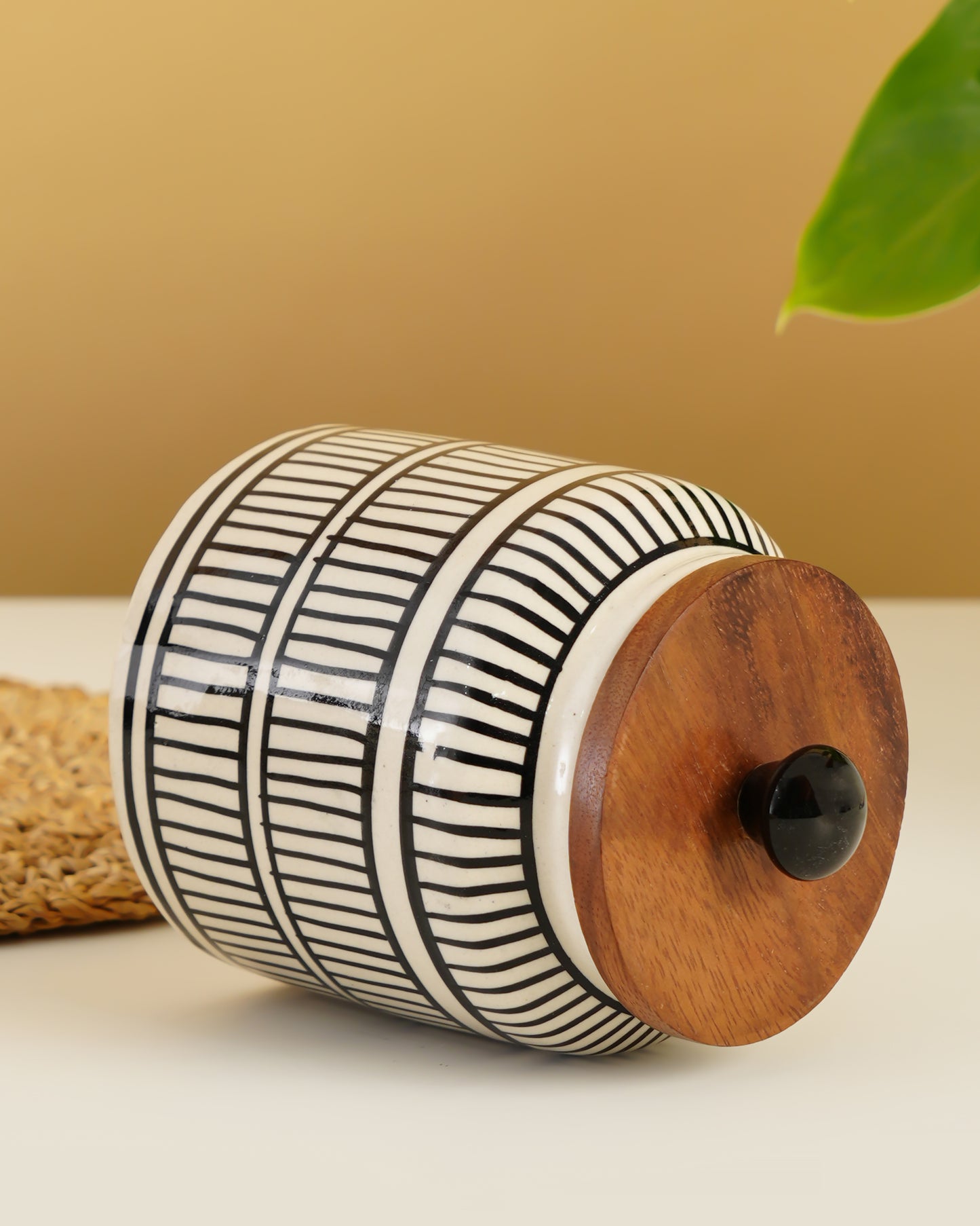 Hand-Painted Ceramic Storage Jar – Black Linear Design - RVJAR21