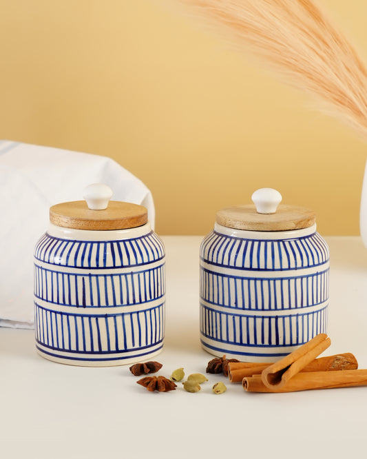 Hand-Painted Ceramic Storage Jar – Blue Linear Stripe - RVJAR28