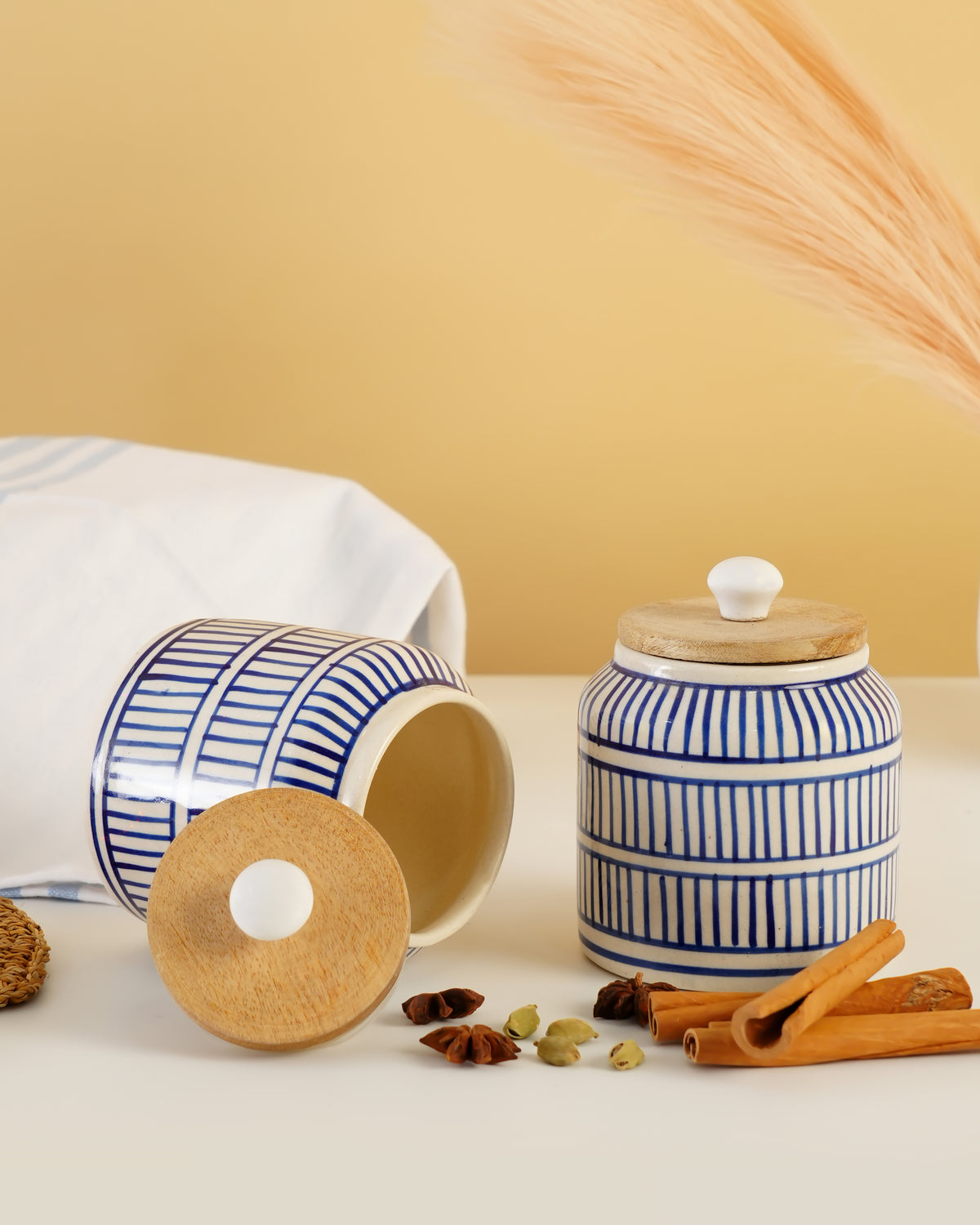 Hand-Painted Ceramic Storage Jar – Blue Linear Stripe - RVJAR28