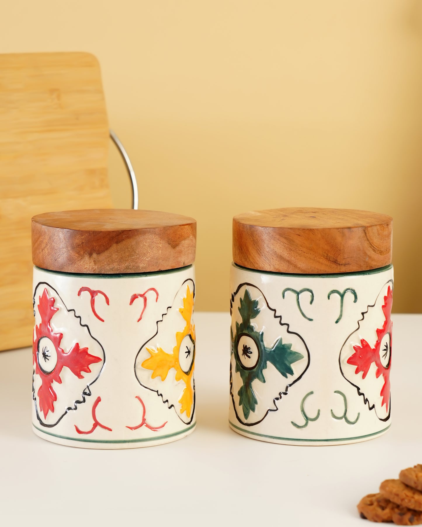 Hand-Painted Ceramic Storage Jar with Wooden Lid - RVJAR26