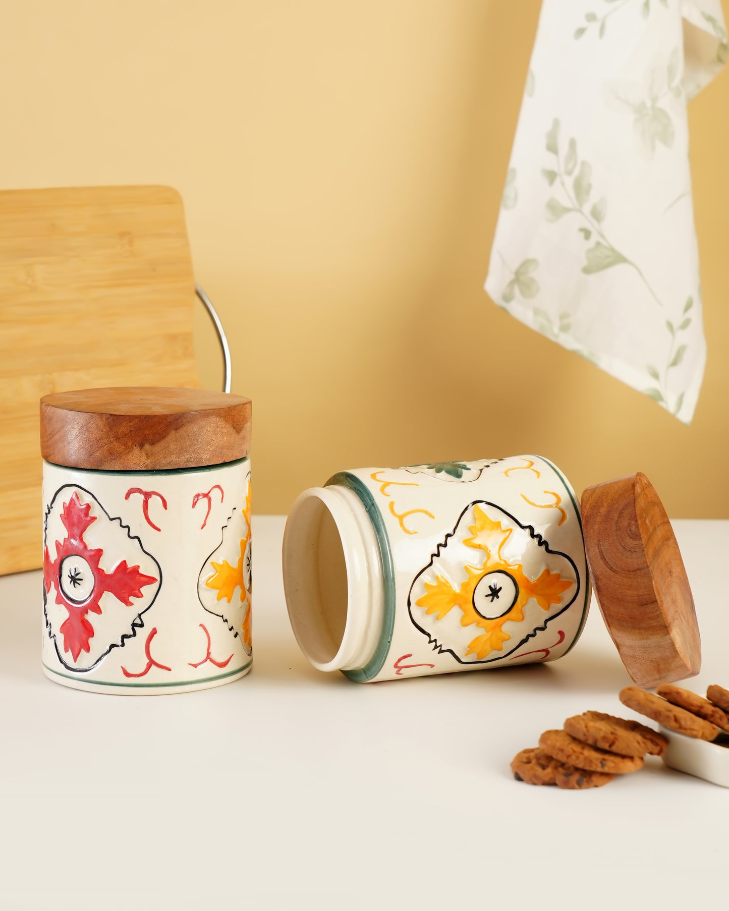 Hand-Painted Ceramic Storage Jar with Wooden Lid - RVJAR26