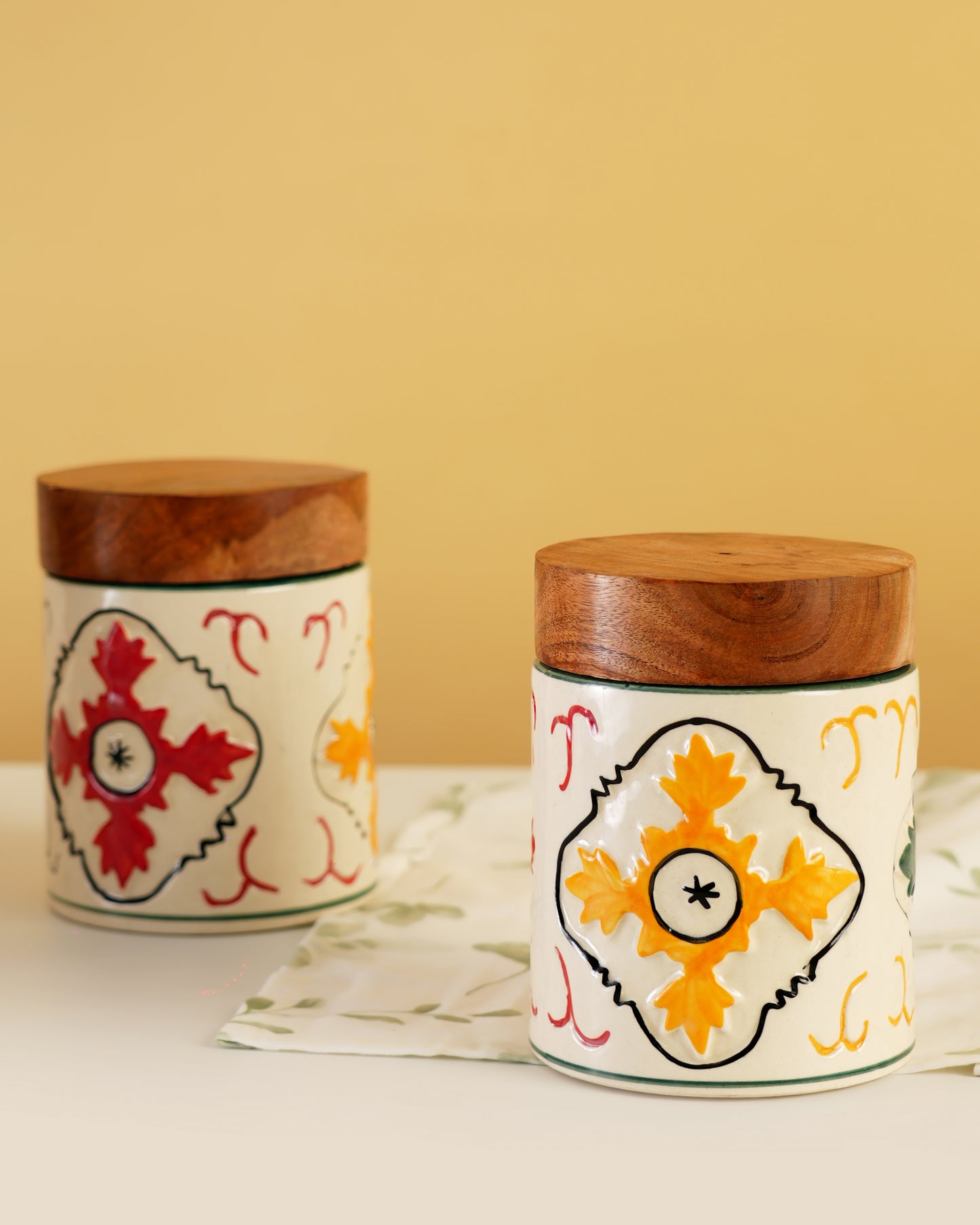 Hand-Painted Ceramic Storage Jar with Wooden Lid - RVJAR26