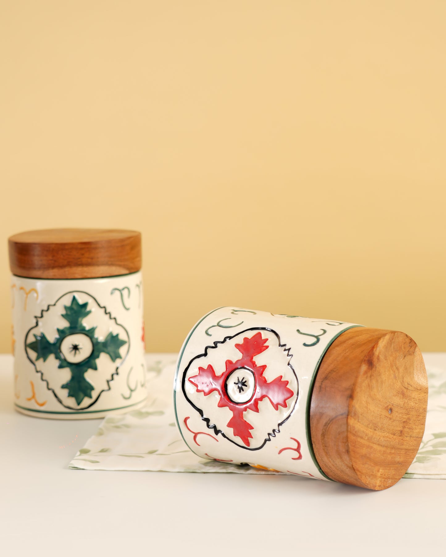 Hand-Painted Ceramic Storage Jar with Wooden Lid - RVJAR26