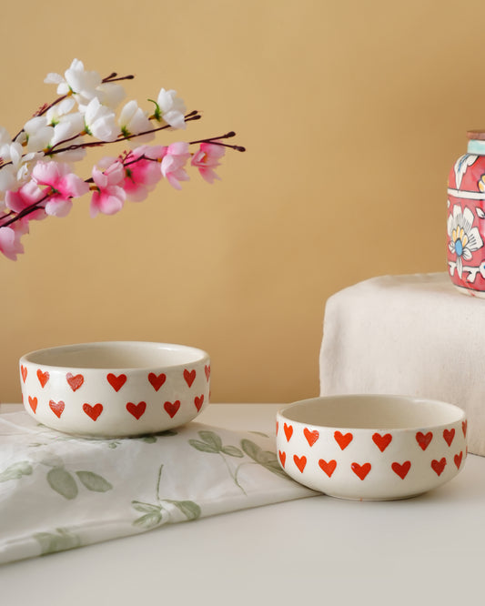 Red Heart Print Ceramic Bowl – Cute Dessert & Snack Serving Bowl - RVBWL02