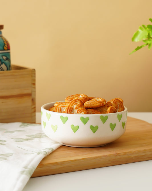 Green Heart Print Ceramic Bowl – Aesthetic Snack & Dessert Bowl - RVBWL03