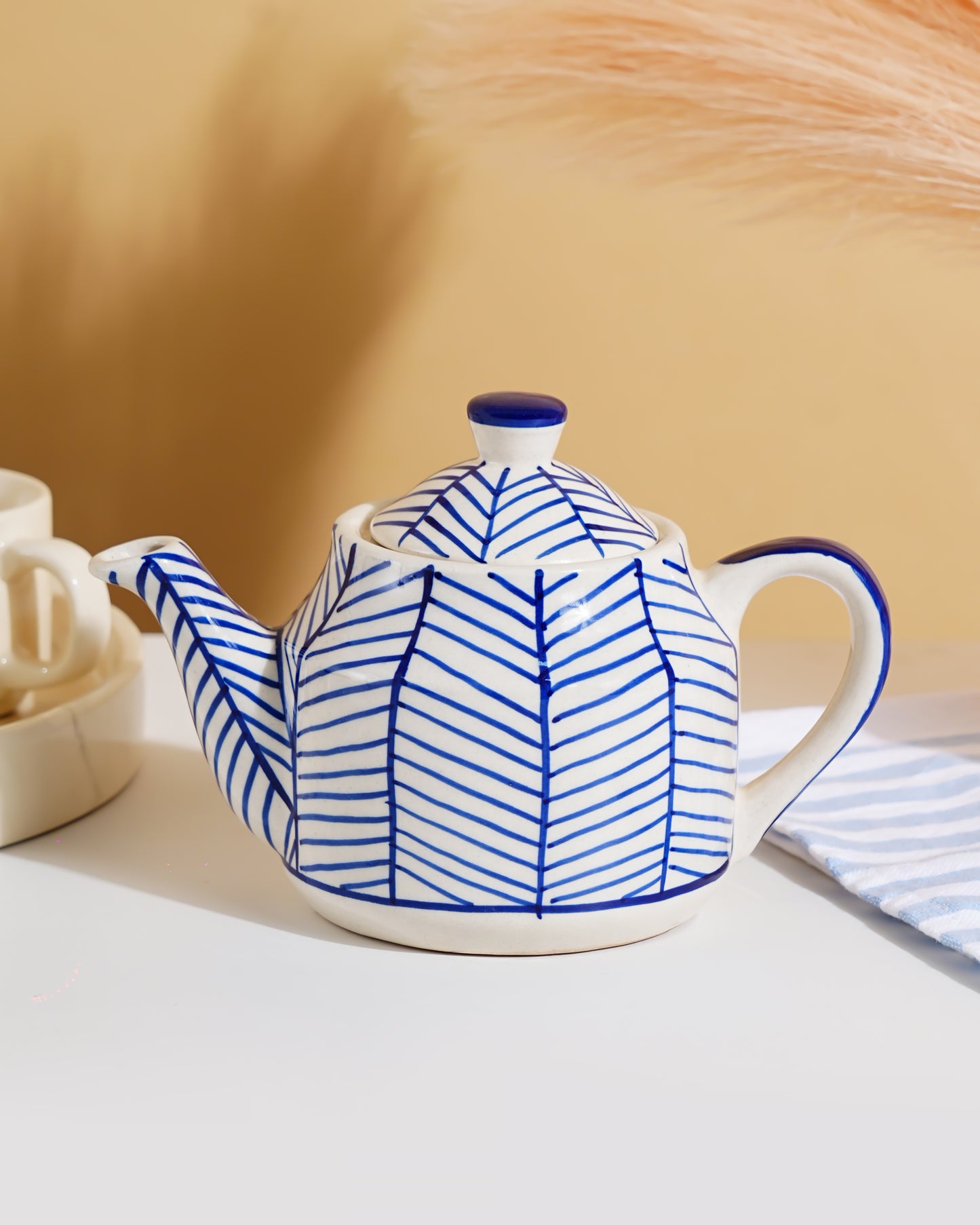 Blue Leaf Pattern Ceramic Kettle – Handcrafted Tea Pot with Lid - RVKTL44