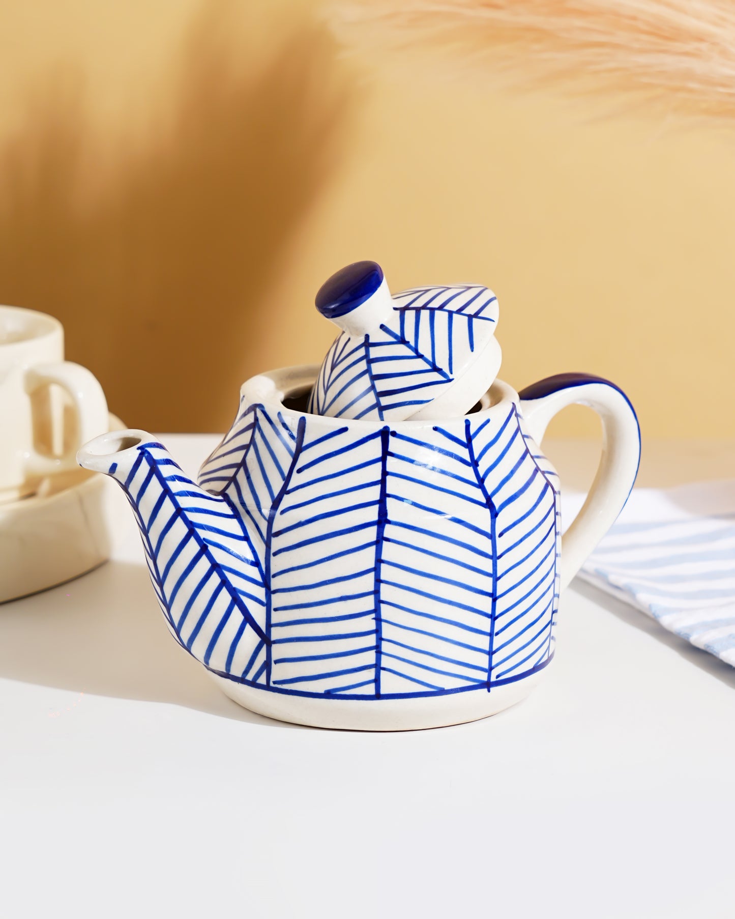 Blue Leaf Pattern Ceramic Kettle – Handcrafted Tea Pot with Lid - RVKTL44