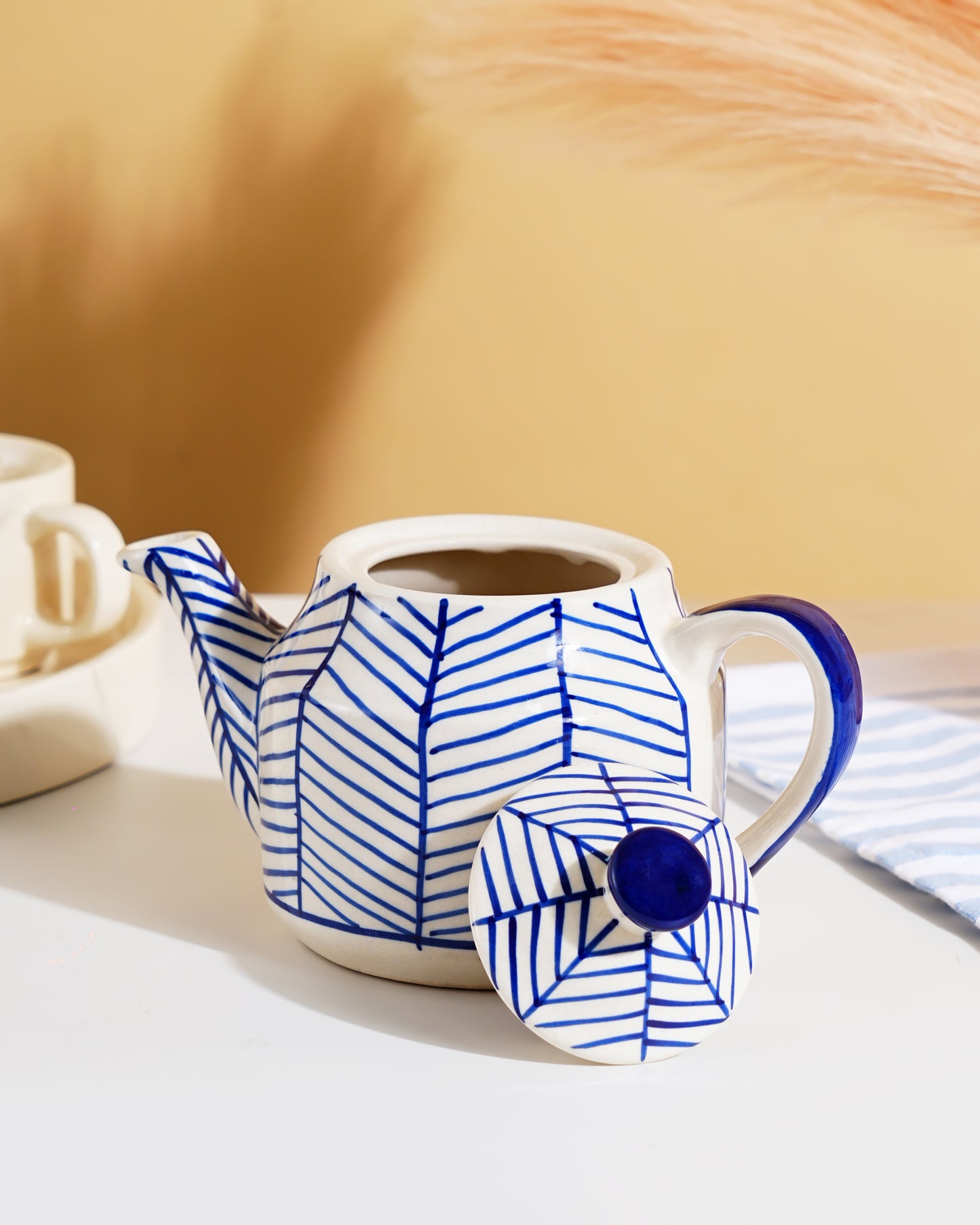 Blue Leaf Pattern Ceramic Kettle – Handcrafted Tea Pot with Lid - RVKTL44