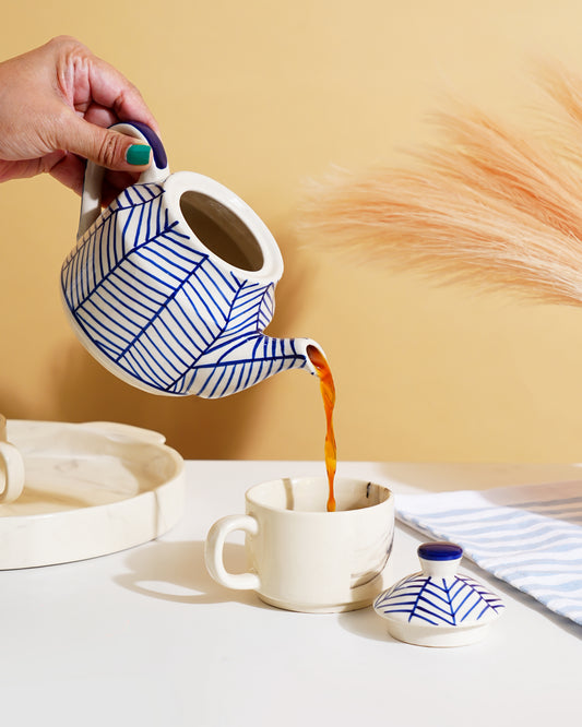 Blue Leaf Pattern Ceramic Kettle – Handcrafted Tea Pot with Lid - RVKTL44
