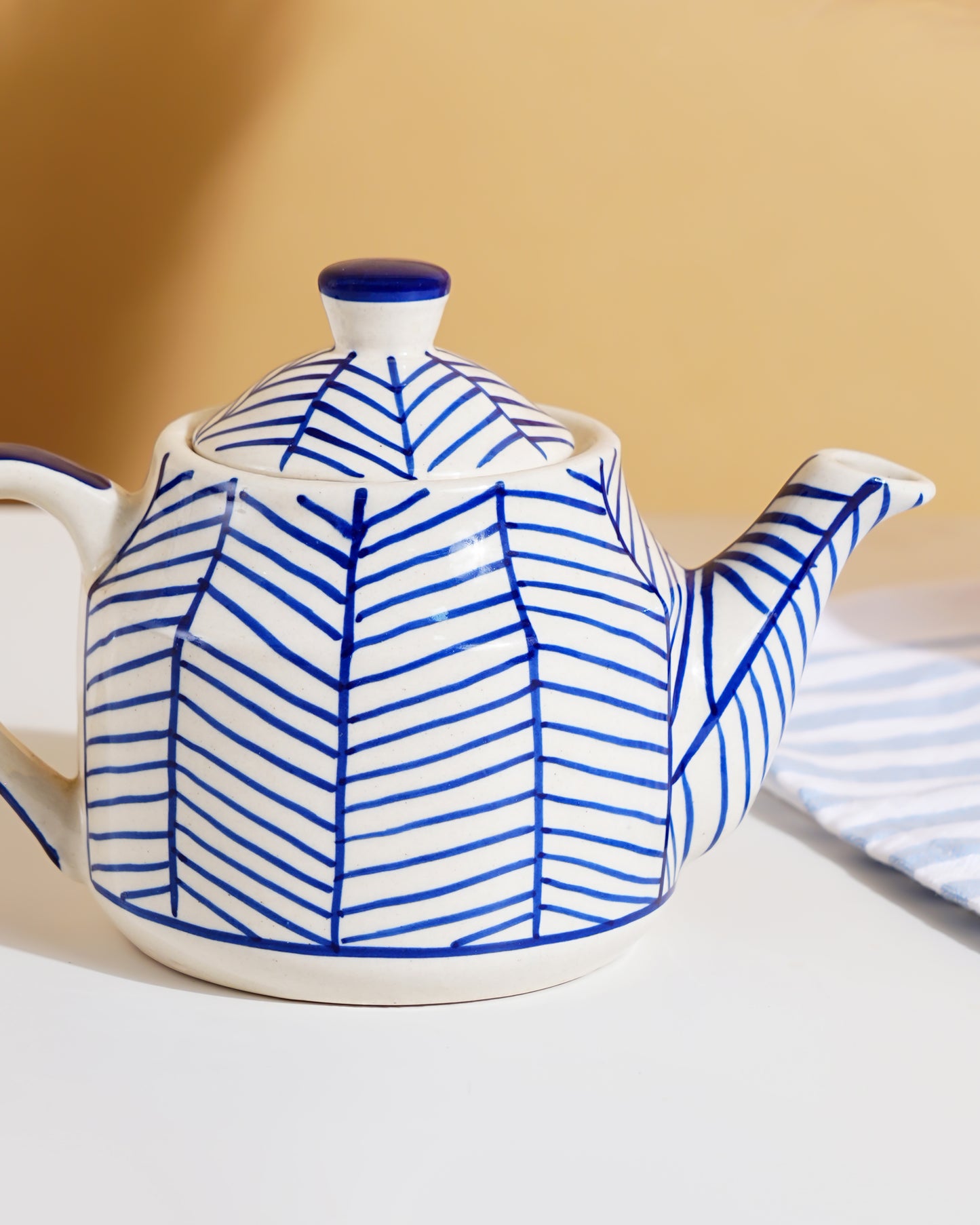 Blue Leaf Pattern Ceramic Kettle – Handcrafted Tea Pot with Lid - RVKTL44