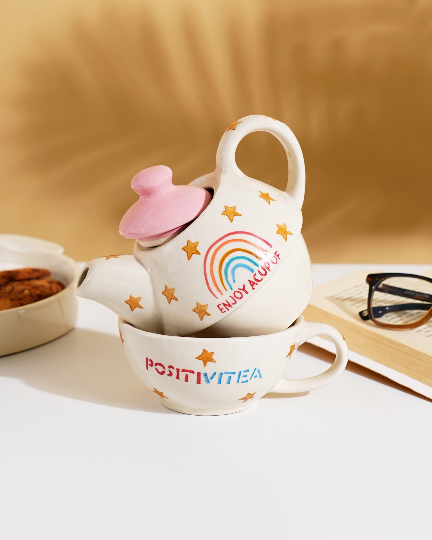 Rainbow Positivity Ceramic Tea Set – Teapot with Cup (2-in-1 Stackable Design) - RVKTL41