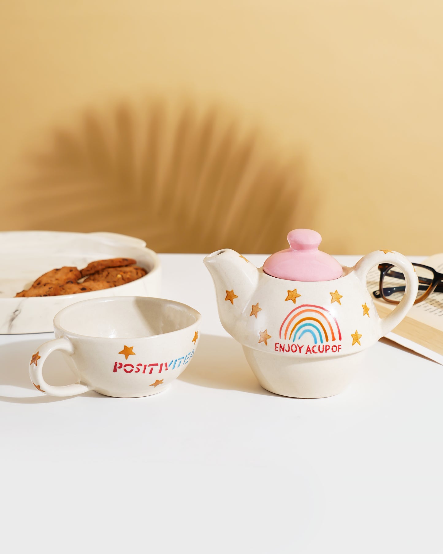 Rainbow Positivity Ceramic Tea Set – Teapot with Cup (2-in-1 Stackable Design) - RVKTL41