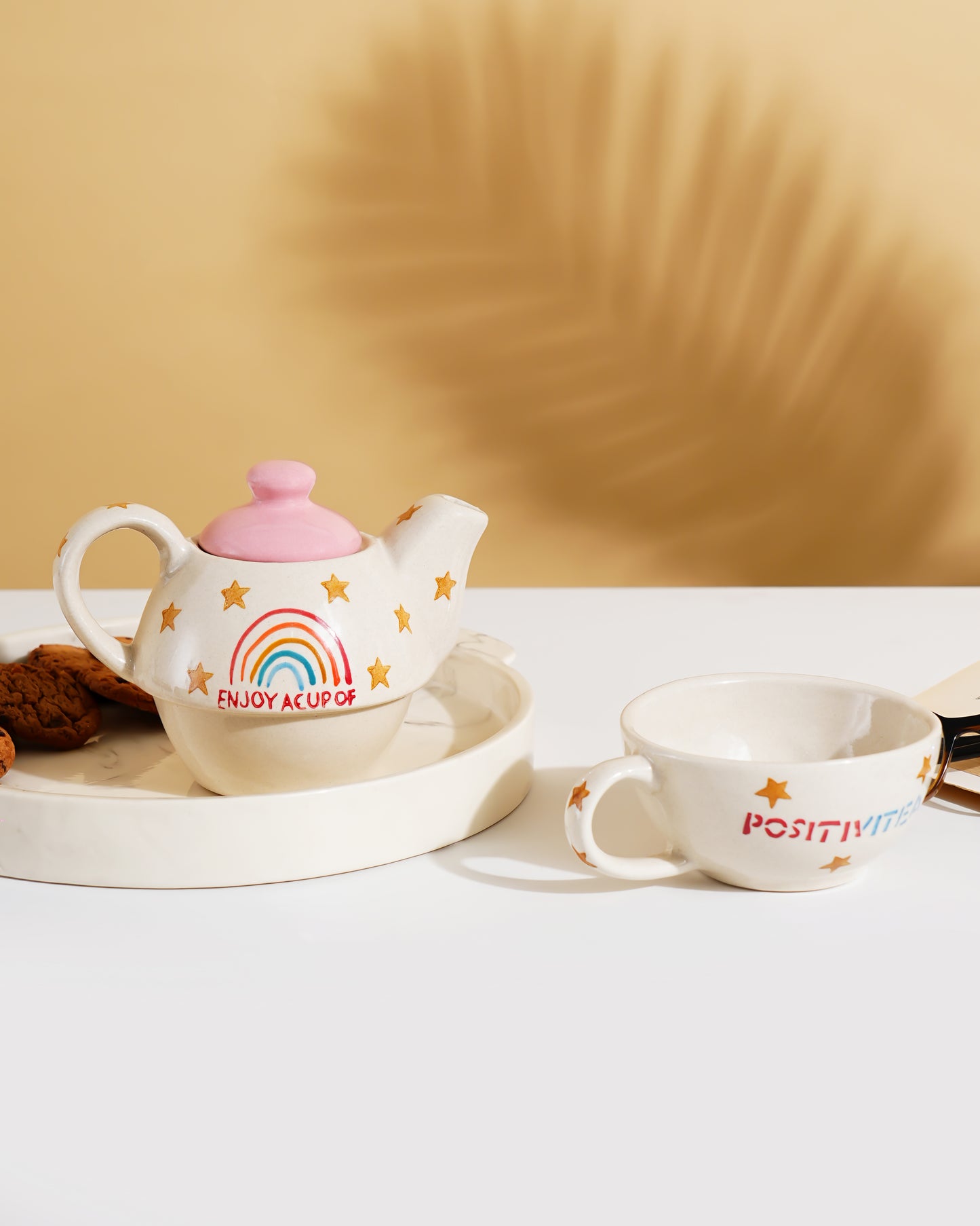 Rainbow Positivity Ceramic Tea Set – Teapot with Cup (2-in-1 Stackable Design) - RVKTL41