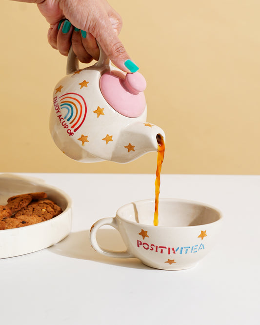Rainbow Positivity Ceramic Tea Set – Teapot with Cup (2-in-1 Stackable Design) - RVKTL41