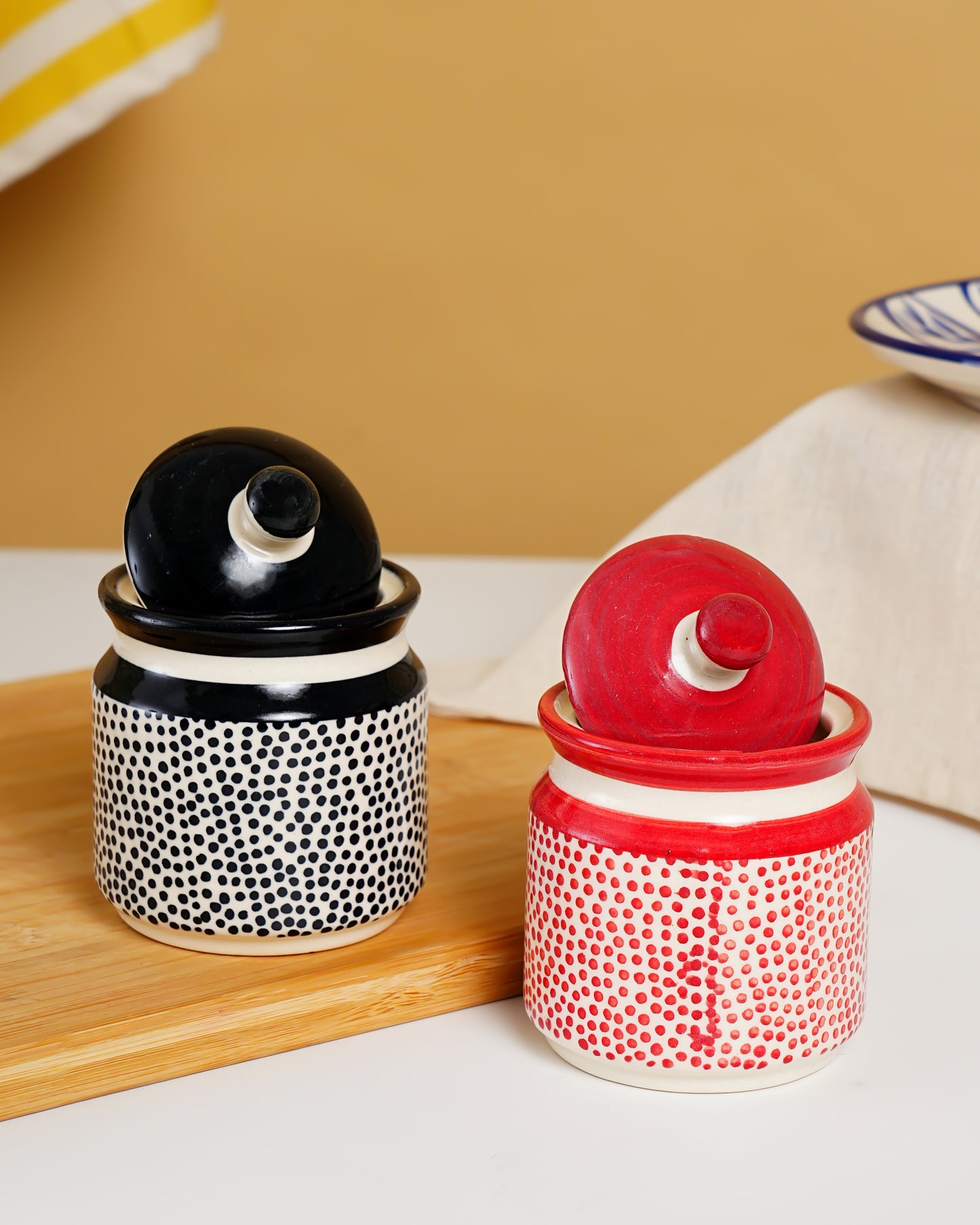 Hand-Painted Polka Dot Ceramic Storage Jars - RVJAR39