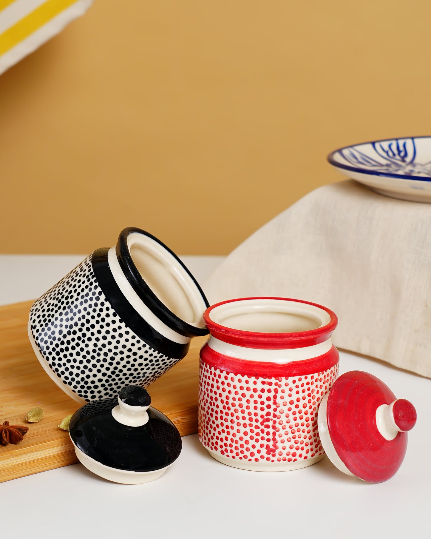 Hand-Painted Polka Dot Ceramic Storage Jars - RVJAR39