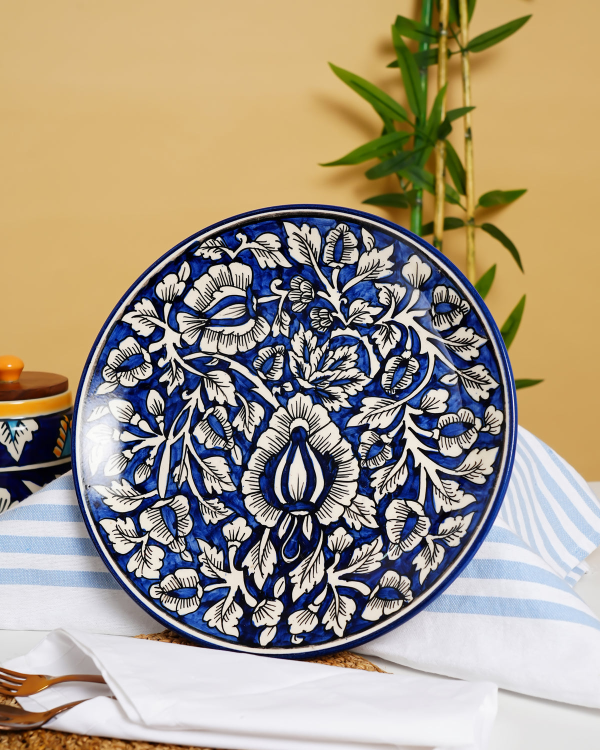Indigo Bloom Handcrafted Mughal Design Ceramic Plate - RVPLT30