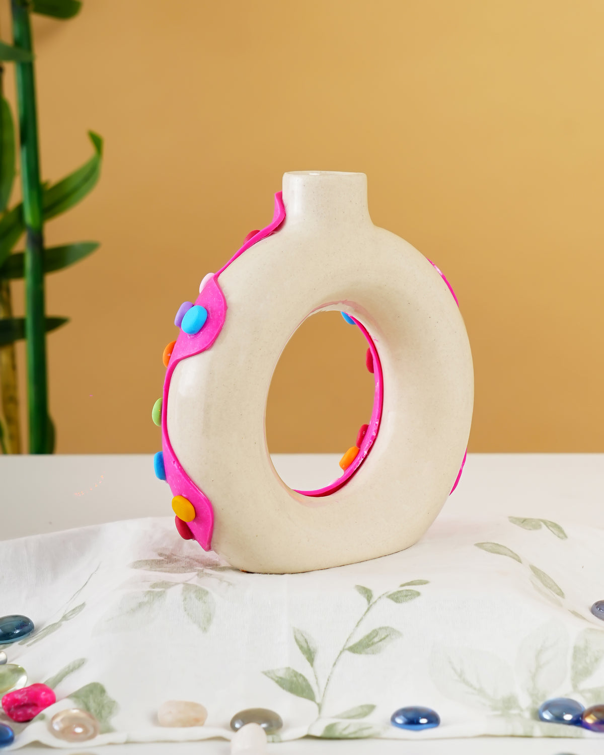 Handcrafted Donut Ceramic Vase – Colorful Decorative Vase - RVVAS56